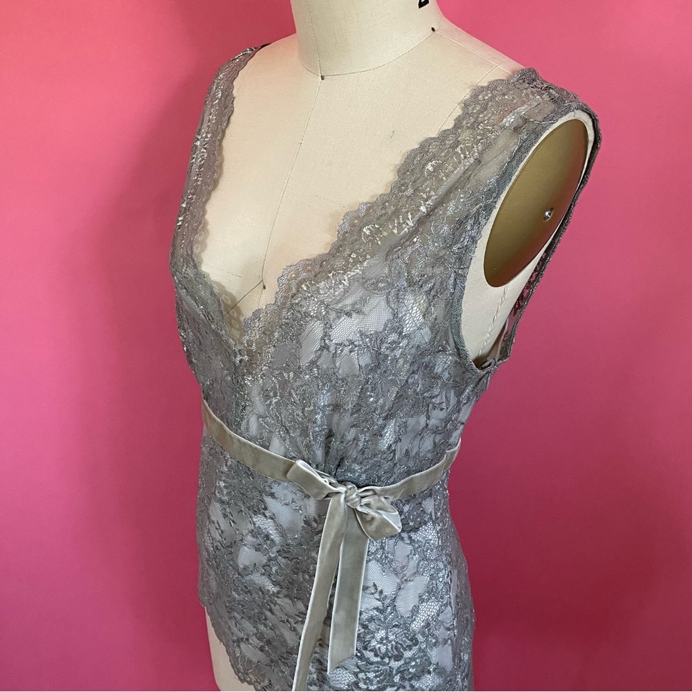 Y2K FairyCore WhimsiGoth Silver Metallic Lace Empire Waist Velvet Adorned Tank 8 - Picture 9 of 17